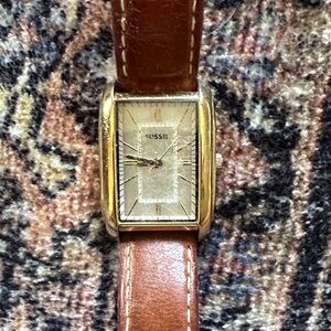 Fossil Gold-Tone Watch with Brown Leather Strap